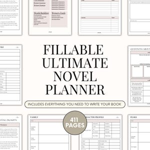 Może przedstawiać: Drukowany planer powieści z 411 stronami. Planer zawiera sekcje na profile postaci, pomysły na historie, budowanie świata i pytania dotyczące fabuły. Planer został zaprojektowany, aby pomóc pisarzom w uporządkowaniu myśli i stworzeniu wciągającej historii.