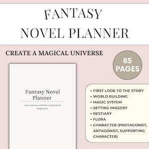 Peut inclure: Un planificateur de roman fantastique imprimable de 85 pages pour vous aider à créer un univers magique. Le planificateur comprend des sections pour la création du monde, le système magique, l'imagerie du décor, le bestiaire, la flore et le développement des personnages.