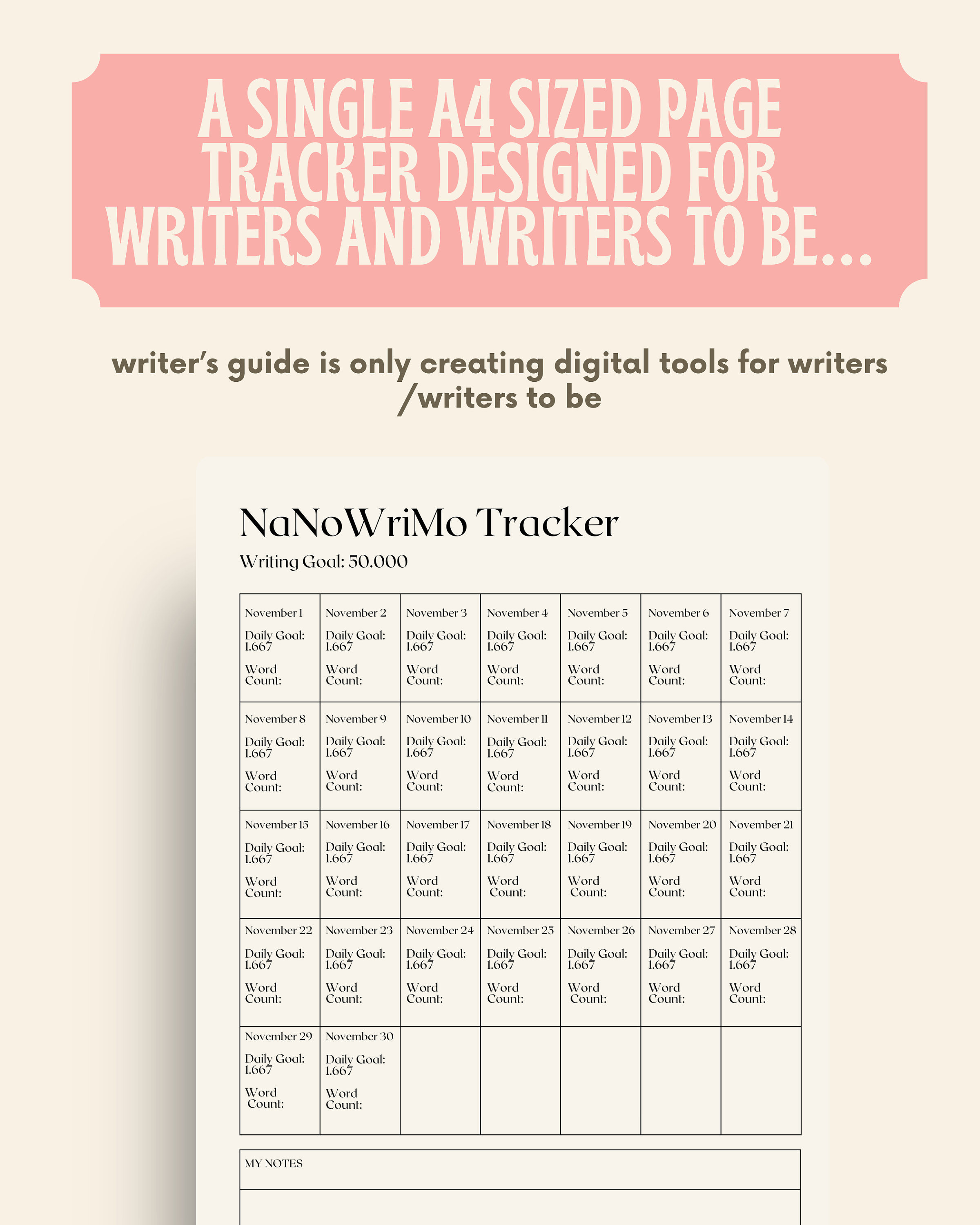 Nanowrimo Word Count Tracker, Printable Tracker for Nanowrimo, Word