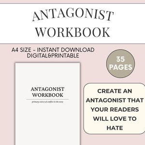 K&ouml;nnte beinhalten: Ein druckbares Arbeitsbuch mit dem Titel "Antagonist Workbook: Primary source of conflict in the story" mit beigefarbenem Hintergrund und dem Text "Create an antagonist that your readers will love to hate" in einem wei&szlig;en Kasten.
