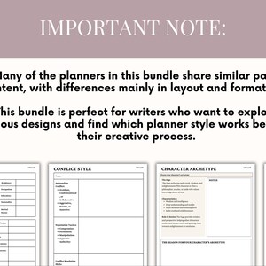 May include: A bundle of planners with various layouts and formatting. The text reads "IMPORTANT NOTE: Many of the planners in this bundle share similar page content, with differences mainly in layout and formatting."