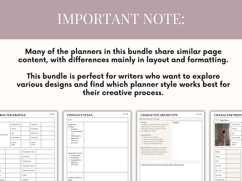 May include: A bundle of planners with various layouts and formatting. The text reads "IMPORTANT NOTE: Many of the planners in this bundle share similar page content, with differences mainly in layout and formatting."