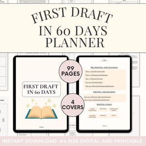 Peut inclure: Un planificateur numérique avec une couverture rose et blanche qui dit "First Draft in 60 Days Planner". Le planificateur a 99 pages et 4 couvertures. Le planificateur est conçu pour aider les écrivains à terminer leur premier brouillon en 60 jours.
