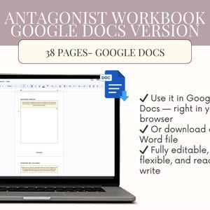 May include: A laptop displays a Google Docs document titled "Antagonist Workbook." The screen shows a document with text and a blue Google Docs icon. Text on the screen says "38 Pages - Google Docs." Additional text highlights features like browser use and Word file download.