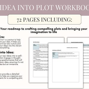 K&ouml;nnte beinhalten: Ein Arbeitsbuch mit dem Titel "Idea Into Plot Workbook" mit 72 Seiten. Das Cover zeigt Text und einen hellvioletten Hintergrund. Im Inneren befinden sich Arbeitsbl&auml;tter zum Brainstorming und zur Entwicklung von Ideen f&uuml;r das Geschichtenerz&auml;hlen.