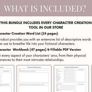 May include: A digital product bundle with character creation tools. The image includes the text "WHAT IS INCLUDED?" and lists a word list and a workbook. The workbook includes fillable PDF versions. The bundle helps writers create fictional characters.