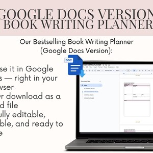 Pu&ograve; includere: Un laptop mostra un pianificatore di scrittura di libri di Google Docs. Il testo recita "GOOGLE DOCS VERSION BOOK WRITING PLANNER." Le funzionalit&agrave; includono l'uso in Google Docs e il download come file Word.
