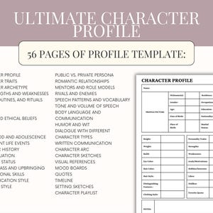 May include: A character profile template with the title "ULTIMATE CHARACTER PROFILE" and the text "56 PAGES OF PROFILE TEMPLATE". The template includes sections for character traits, habits, and goals.