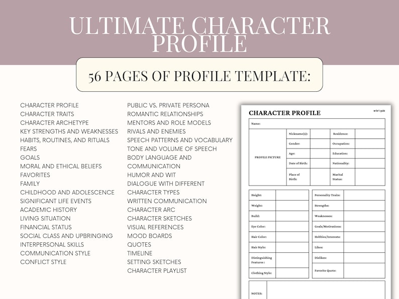 May include: A character profile template with the title "ULTIMATE CHARACTER PROFILE" and the text "56 PAGES OF PROFILE TEMPLATE". The template includes sections for character traits, habits, and goals.