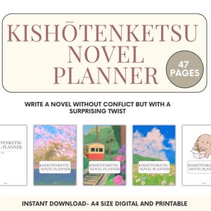 Może przedstawiać: Cyfrowy planer powieści z tekstem "Kishōtenketsu Novel Planner" i "47 stron". Obraz zawiera przykładowe okładki z ilustracjami pociągu, kwiatów i królika. Tekst brzmi: "Napisz powieść bez konfliktu, ale z zaskakującym zwrotem akcji."