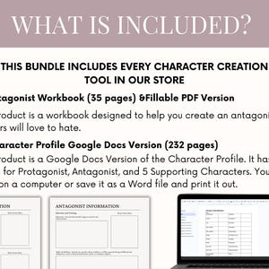 May include: Image of a digital product bundle for character creation. The text reads "WHAT IS INCLUDED?" and lists an antagonist workbook and a character profile Google Docs version. A laptop and two worksheets are also visible.