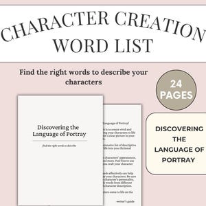 Op de afbeelding: Een printbare woordlijst voor het maken van personages met 24 pagina's. De titel is "Discovering the Language of Portray" en de tekst luidt "Find the right words to describe your characters".