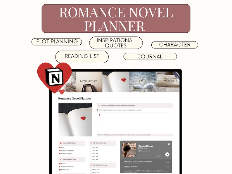 Romance Novel Notion Planner for Authors Romance Book Planner Romance Writing Workbook Guide to Writing a Bestselling Love Novel Planner