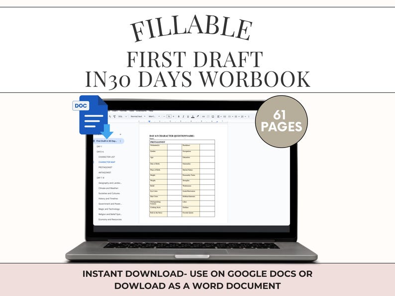 Novel writing workbook Google Docs, Word Novel planner, Story outline book planner, 30 days of writing plot planner, Novel in a month