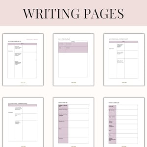 Pu&ograve; includere: Sei pagine di scrittura bianche con un'intestazione rosa chiaro e il testo "WRITING PAGES". Ogni pagina ha un layout diverso con sezioni per note, elenchi di personaggi e storyboard. Le pagine sono progettate per la scrittura creativa.