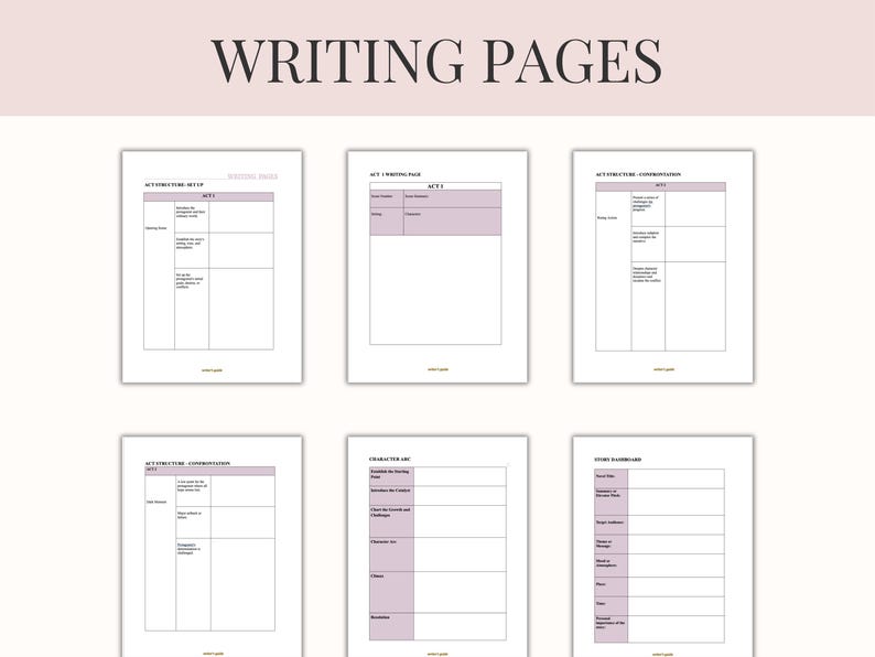 Pu&ograve; includere: Sei pagine di scrittura bianche con un'intestazione rosa chiaro e il testo "WRITING PAGES". Ogni pagina ha un layout diverso con sezioni per note, elenchi di personaggi e storyboard. Le pagine sono progettate per la scrittura creativa.