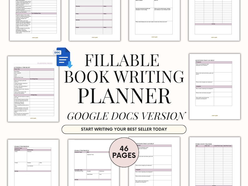 Pu&ograve; includere: Un pianificatore digitale per la scrittura di libri con 46 pagine, progettato per Google Docs. L'immagine mostra varie pagine compilabili con suggerimenti ed elenchi di controllo. Il testo include "Fillable Book Writing Planner" e "Start Writing Your Best Seller Today."