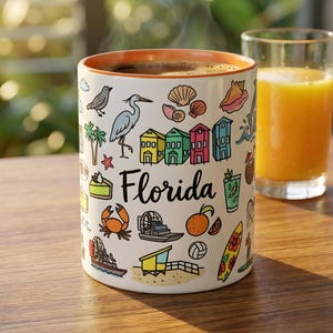Florida Illustration Keramisk Mugg, Strandikoner, Kaffekopp med Kustvibbar
