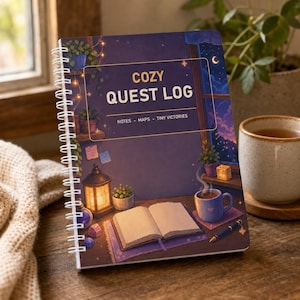 Può includere: Un taccuino a spirale intitolato Cozy Quest Log con un'illustrazione di copertina di una scrivania di notte che mostra un libro aperto, una lanterna luminosa, una tazza fumante e una penna. Il testo recita Cozy Quest Log, Notes - Maps - Tiny Victories.