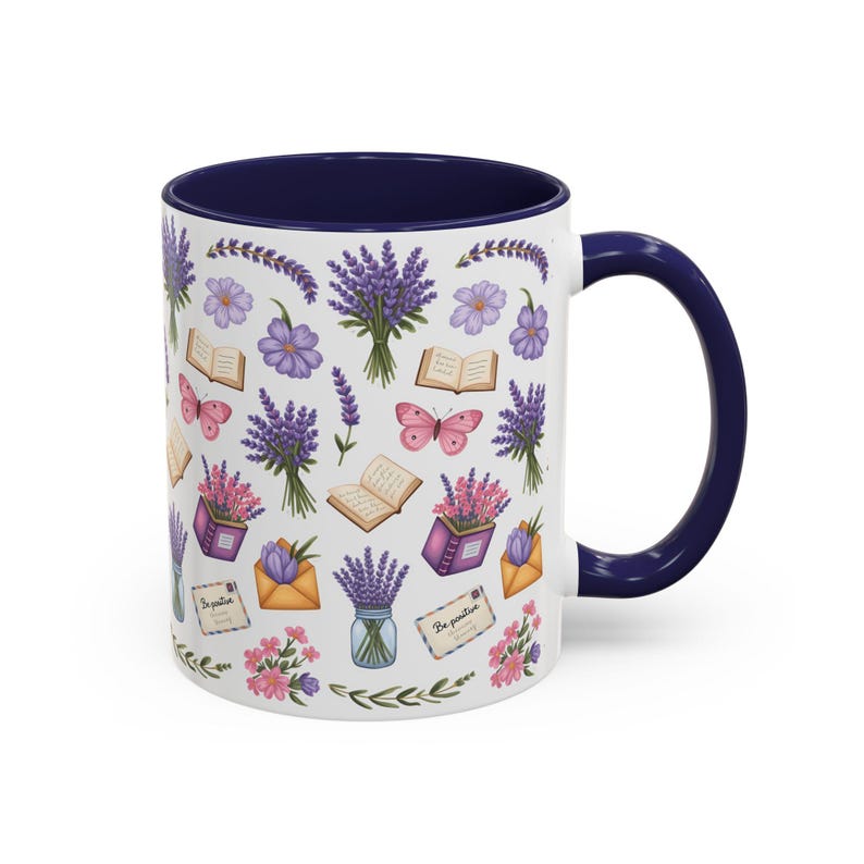 Floral Lavender Ceramic Coffee Mug, Cottagecore Tea Cup Navy