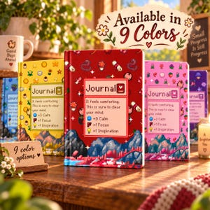 Peut inclure: Trois journaux à couverture rigide en jaune, rouge et rose, chacun présentant des paysages en pixel art, de petites icônes et le texte : Journal, It feels comforting. This is sure to clear your mind. +3 Calm, +1 Focus, +1 Inspiration.