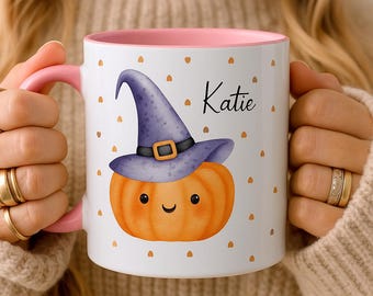 パーソナライズされたハロウィンマグ、カスタムパンプキンマグ、かわいい秋のコーヒーカップ、彼女または彼へのハロウィンギフト、セラミックマグ、パンプキンスパイスカップ