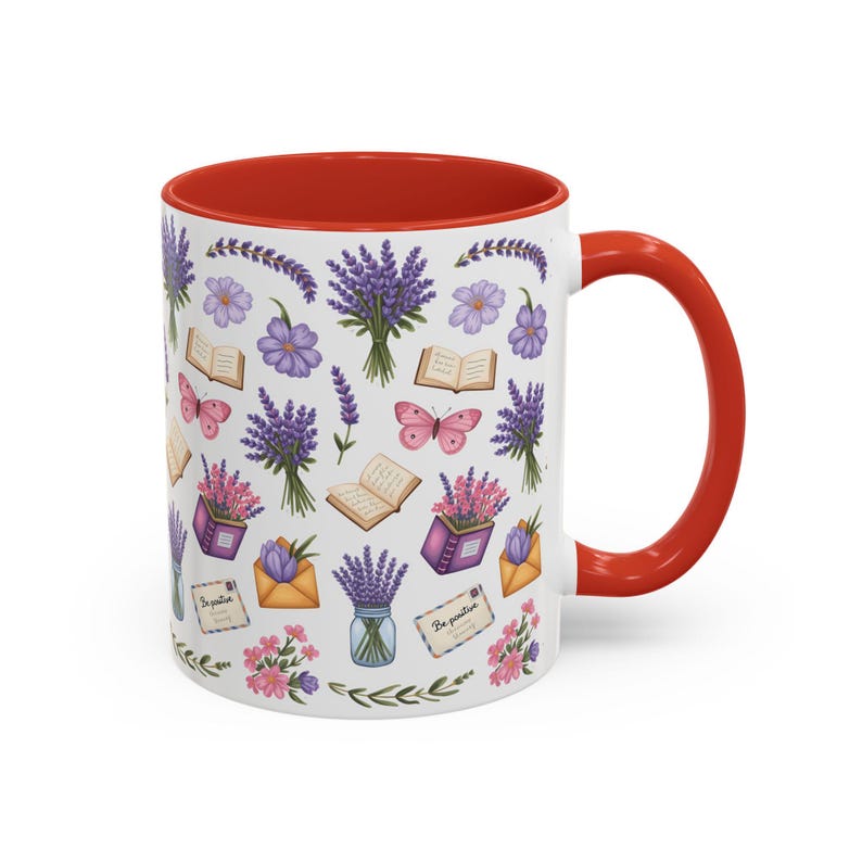 Floral Lavender Ceramic Coffee Mug, Cottagecore Tea Cup Red