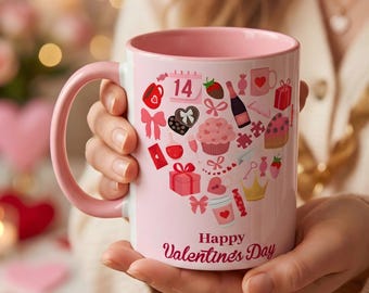 Tazza in ceramica per San Valentino, con decorazione a tema dolciumi.