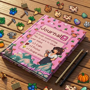 May include: A pink journal with the word "Journal" on the cover, surrounded by pixelated illustrations of fruits, vegetables, and animals. The journal has text that reads "It feels comforting. This is sure to clear your mind." Two pencils and decorative paper clips are also present.
