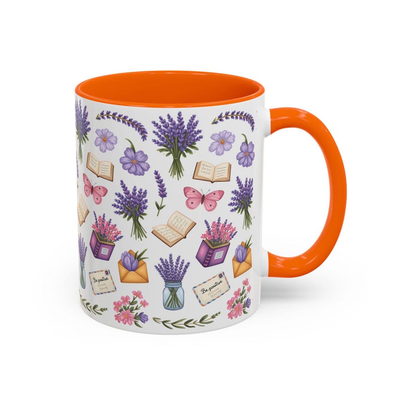 Floral Lavender Ceramic Coffee Mug, Cottagecore Tea Cup Orange