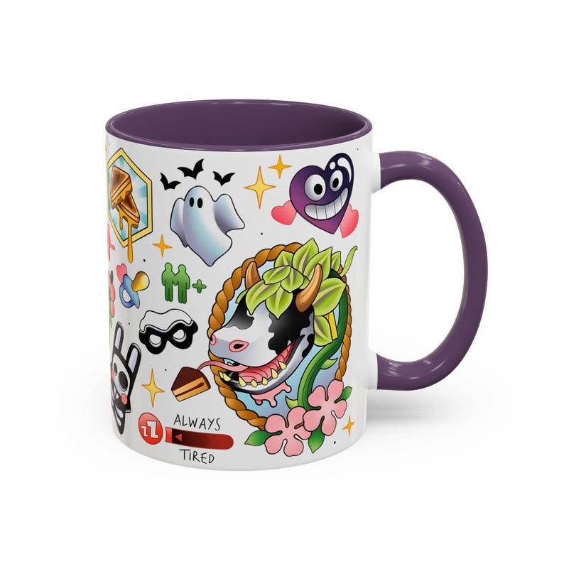 Caneca com estampa de vaca e planta do The Sims 4, caneca de café divertida do The Sims, presente para gamer Plumbob Purple