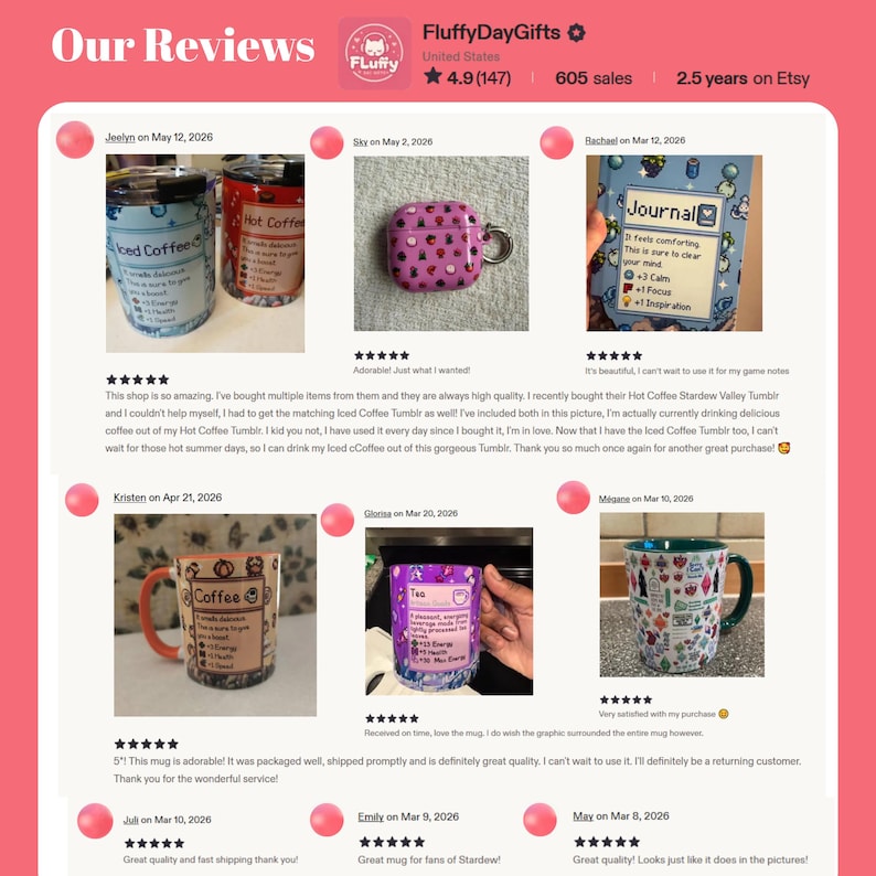 Puede incluir: Rese&ntilde;as de la tienda Etsy que presentan varios productos. Incluye una funda rosa con un anillo plateado, tazas de caf&eacute; con texto y vasos. Las rese&ntilde;as se muestran con comentarios de clientes y calificaciones por estrellas. El nombre de la tienda es FluffyDayGifts.