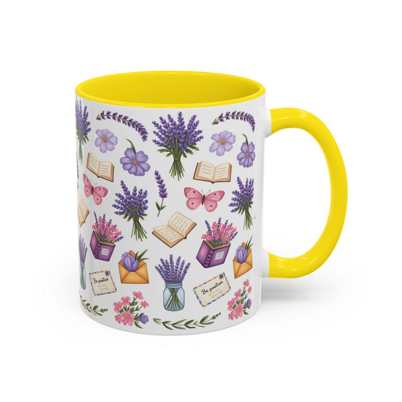 Floral Lavender Ceramic Coffee Mug, Cottagecore Tea Cup Yellow