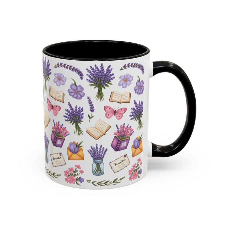 Floral Lavender Ceramic Coffee Mug, Cottagecore Tea Cup Black