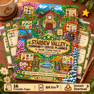 Puede incluir: Un planificador Stardew Valley Community Center Planner con arte de píxeles del centro comunitario, objetos del juego y listas. La portada muestra el título, iconos de paquetes, una fuente y un perro. Es un planificador de 16 páginas tamaño A4.