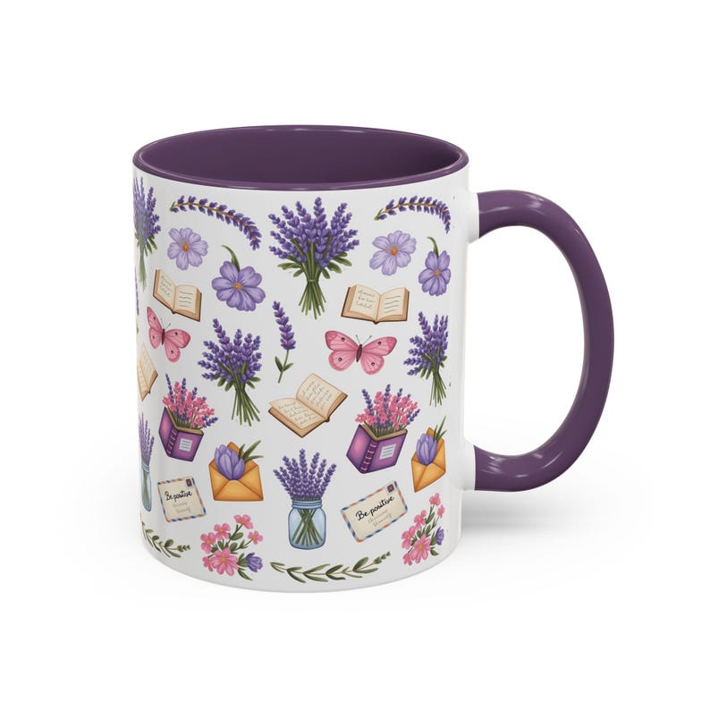 Floral Lavender Ceramic Coffee Mug, Cottagecore Tea Cup Purple