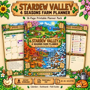 Peut inclure: Un pack de 16 pages imprimables Stardew Valley 4 Seasons Farm Planner comprenant une image de couverture centrale avec des paysages saisonniers, deux pages latérales montrant un calendrier et un tableau de bord de printemps, et des icônes pixel art.