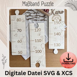 Puede incluir: Tres rompecabezas de tabla de crecimiento de madera con medidas grabadas, que van de 50 a 150 cm. Cada tabla presenta elementos decorativos como mariposas, globos y conejitos. El texto "Maßband Puzzle" y "Digitale Datei SVG & XCS" son visibles.