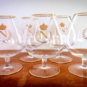 Set of 5 Large Cognac Glasses with Gold-Like Gilding (1970s–1980s) – Napoleon&#39;s Legacy!