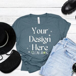 Boho Bella Canvas 3001 HEATHER SLATE Shirt Mockup | Grunge gestaltetes Tshirt | Herbst Tshirt Mockup | College T-Shirt Mockup | Zurück zur Schule Mockups