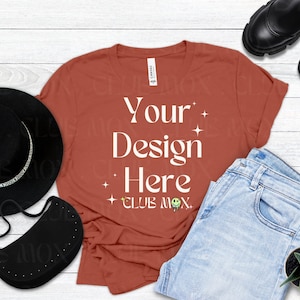 Maquette de chemise Boho Bella Canvas 3001 RUST | Maquette de t-shirt de style | Maquette de t-shirt d'automne | Maquette de tee-shirt tendance | Mock chemise pour la rentrée des classes