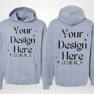 STEENBLAUW SF500-mockup, GILDAN softstyle-hoodiemodel, hoodiemodel voor- en achterkant, softstyle 3D-shirtmodel GSF500 steenblauwe fleecehoodie