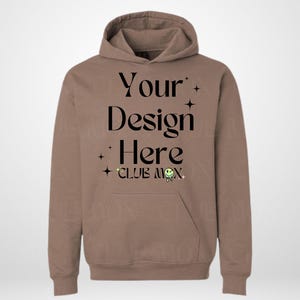 May include: A brown hoodie with a black graphic that says "Your Design Here" and "Club Mox".