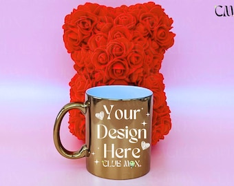 Gold coffee mug mockup, 11oz metallic mug flat lay, Anniversary gold cup stock photo, blank sublimation mug, wedding engagement mug mock up