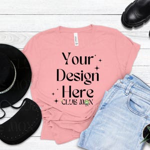 Boho Bella Canvas 3001 PINK Shirt Mockup | Styled Tshirt Mockup | Fall tshirt Mockup | Fashion tee shirt Mockup | Back to School shirt Mock