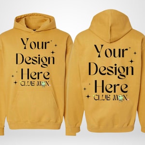 MUSTARD SF500-mockup, GILDAN softstyle hoodie-mockup, zakontwerp-mockup, hoodie-mock-up voorkant achterkant, softstyle-mockup, GSF500-fleecehoody