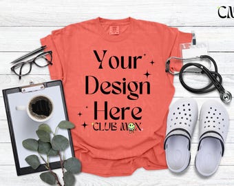 BRIGHT SALMON Comfort Colors shirt Mockup, Nurse Mockup, CC1717, rn Mockup, Hospital Scrubs Mock, Doctor Tshirt Mockup, Medical Field, jpg