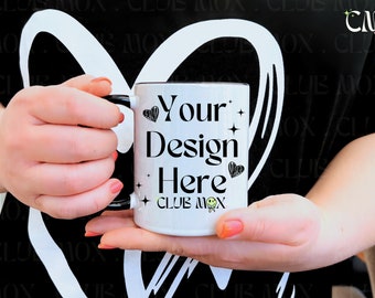 Black handle mug mockup, White coffee cup mock up, 11oz ceramic mug stock photo, model mug mockups, minimalist, Black accent mug template