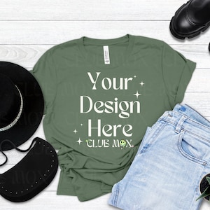 Boho Bella Canvas 3001 PINE Shirt Mockup | Styled Tshirt Mockup | Fall tshirt Mockup | Fashion tee shirt Mockup | Back to School shirt Mock