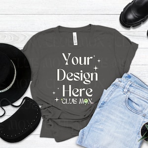Boho Bella Canvas 3001 ASPHALT Shirt Mockup | Styled Tshirt Mockup | Fall tshirt Mockup | Fashion t shirt Mockup | Back to School shirt Mock